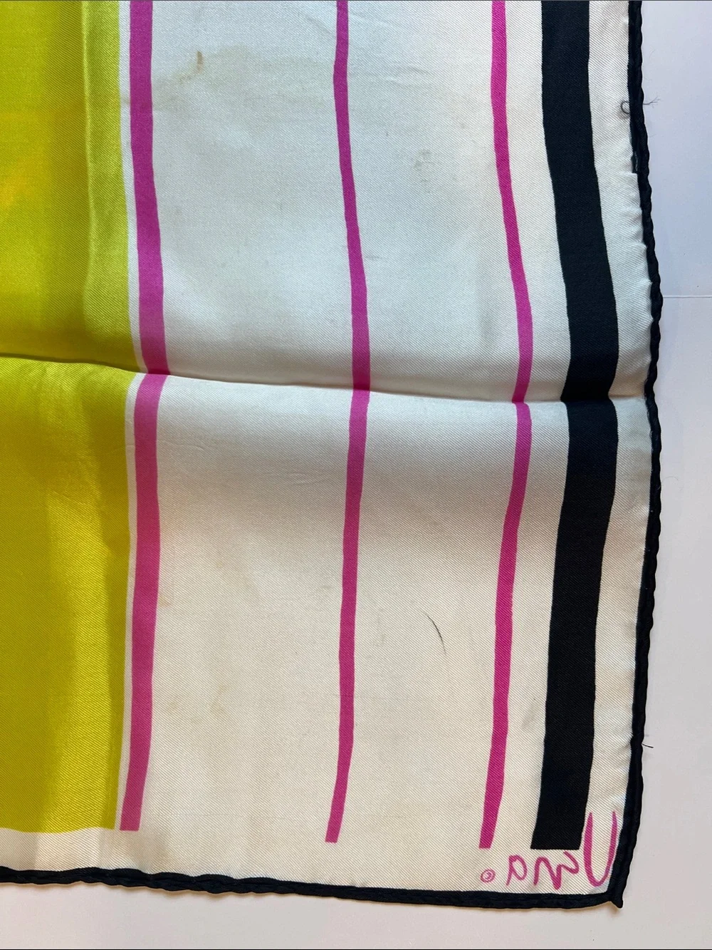 Vintage Vera Neumann scarf pink lime & black striped  25” X 24” hand rolled